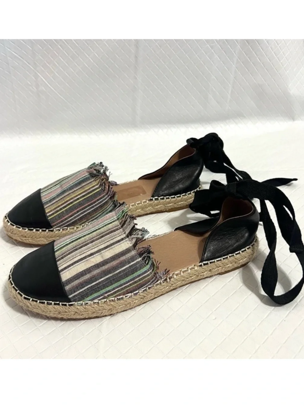 Caslon Lace Up Espadrille Striped Canvas Black Leather Capped Toe Flats Size 7.5